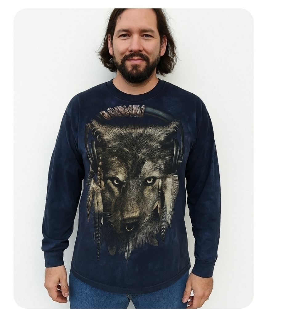 The Mountain Vintage Mens Blue Indian Wolf Long Sleeve Tee L
